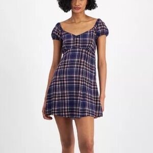 New Selfie Blue & Orange Plaid Textured Puff Sleeve Mini Dress size Jrs M NWT
